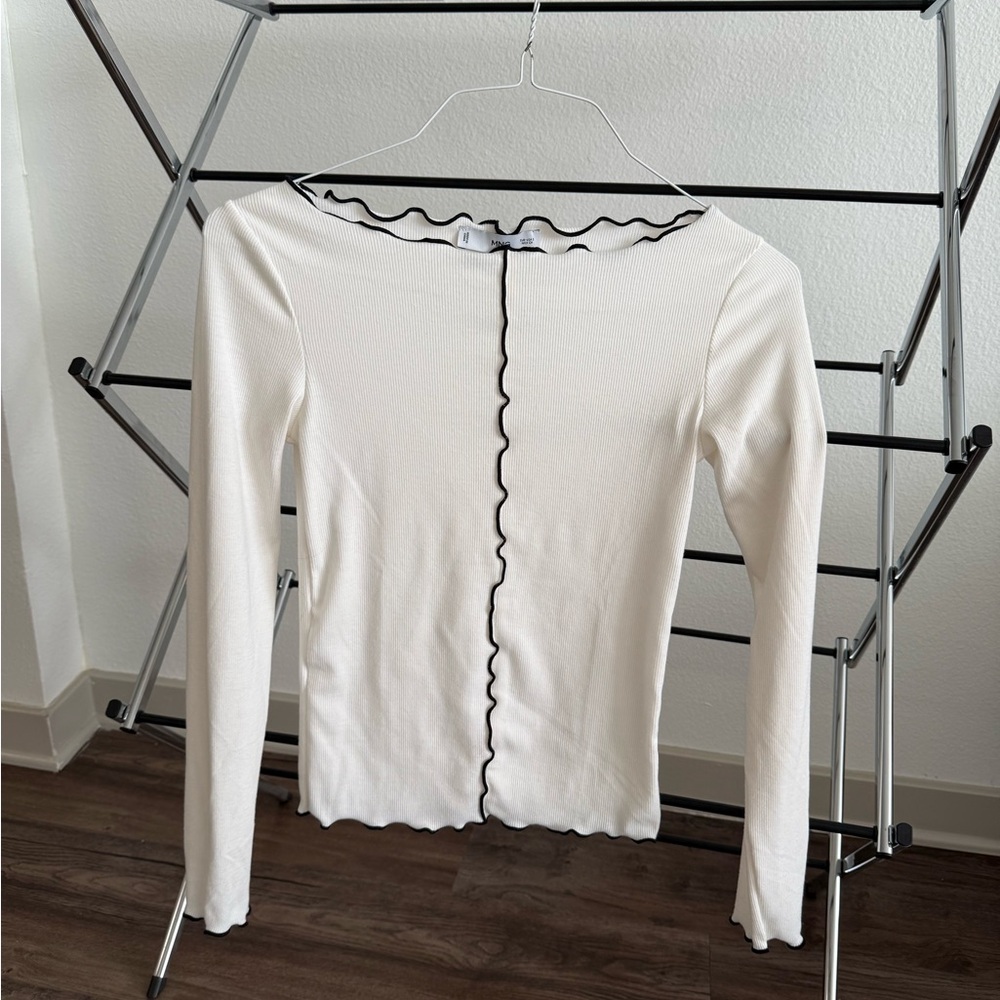 Elegant White Long Sleeve Top with Black Trim